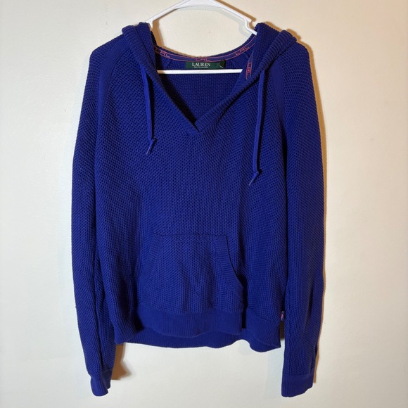 Lauren Ralph Lauren Sweaters - Lauren‎ Ralph Lauren Blue Cotton Knit Hooded V-Neck Pullover Size Large